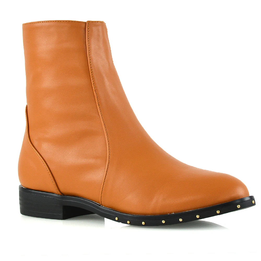 NYANE DIAMANTE STUDDED ZIP UP FLAT LOW HEEL ANKLE BOOT IN TAN SYNTHETIC LEATHER - Image 8