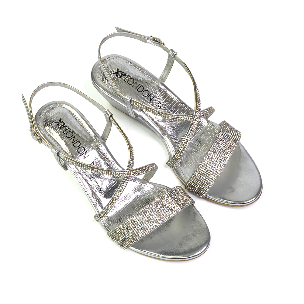 Ocean Sparkly Gem Crystal Diamante Ankle Strap Wedge Heel Sandals in Black - Image 22