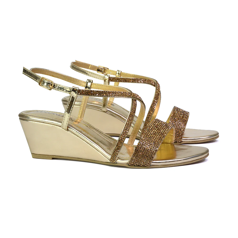 Ocean Sparkly Gem Crystal Diamante Ankle Strap Wedge Heel Sandals in Black - Image 61