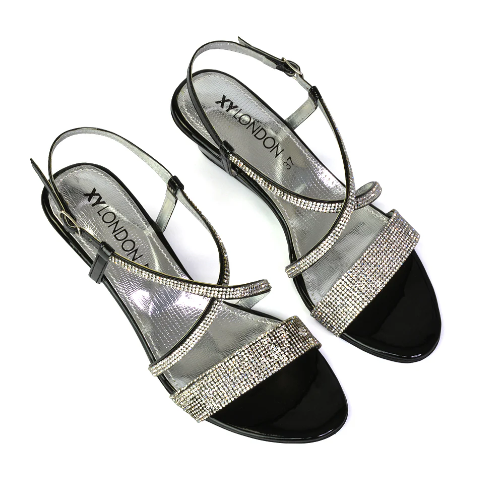 Ocean Sparkly Gem Crystal Diamante Ankle Strap Wedge Heel Sandals in Black - Image 77