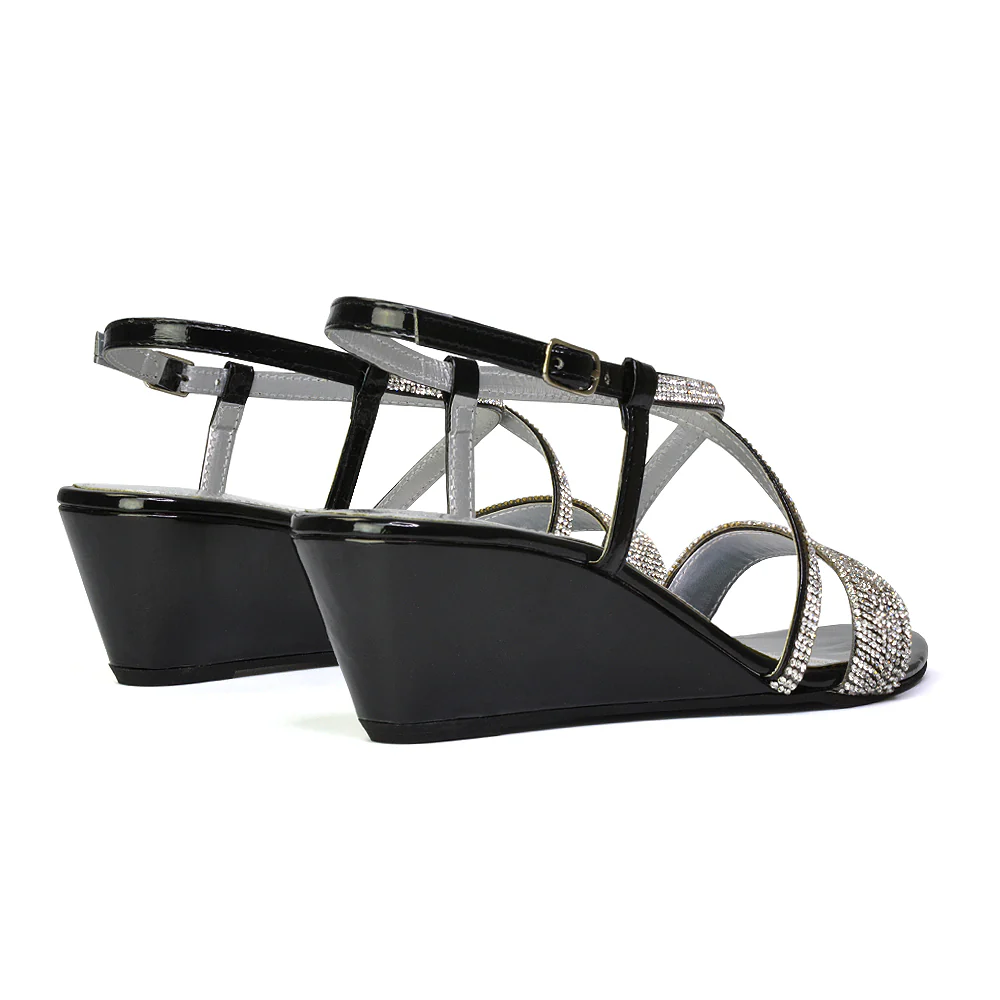 Ocean Sparkly Gem Crystal Diamante Ankle Strap Wedge Heel Sandals in Black - Image 85