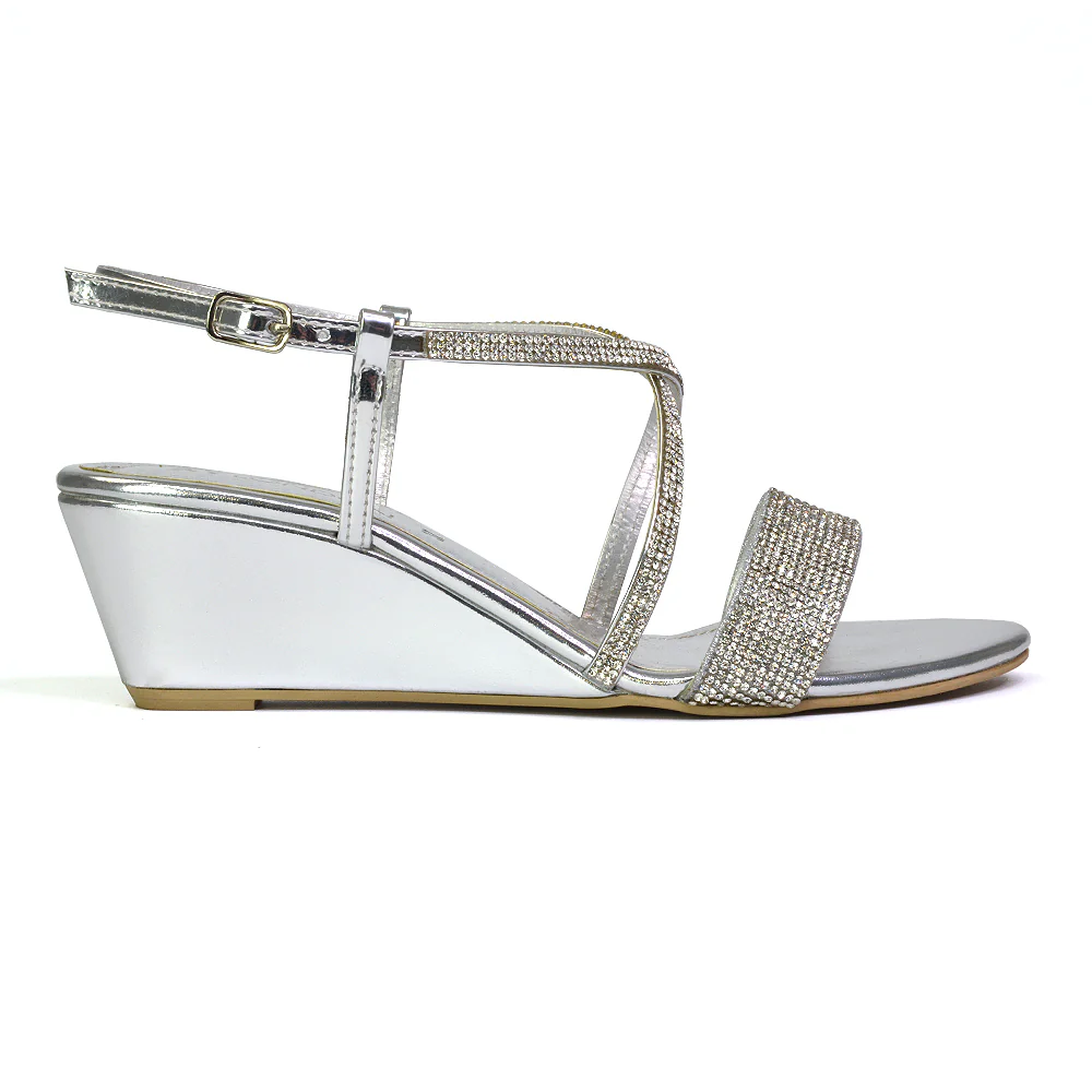 Ocean Sparkly Gem Crystal Diamante Ankle Strap Wedge Heel Sandals in Gold - Image 16