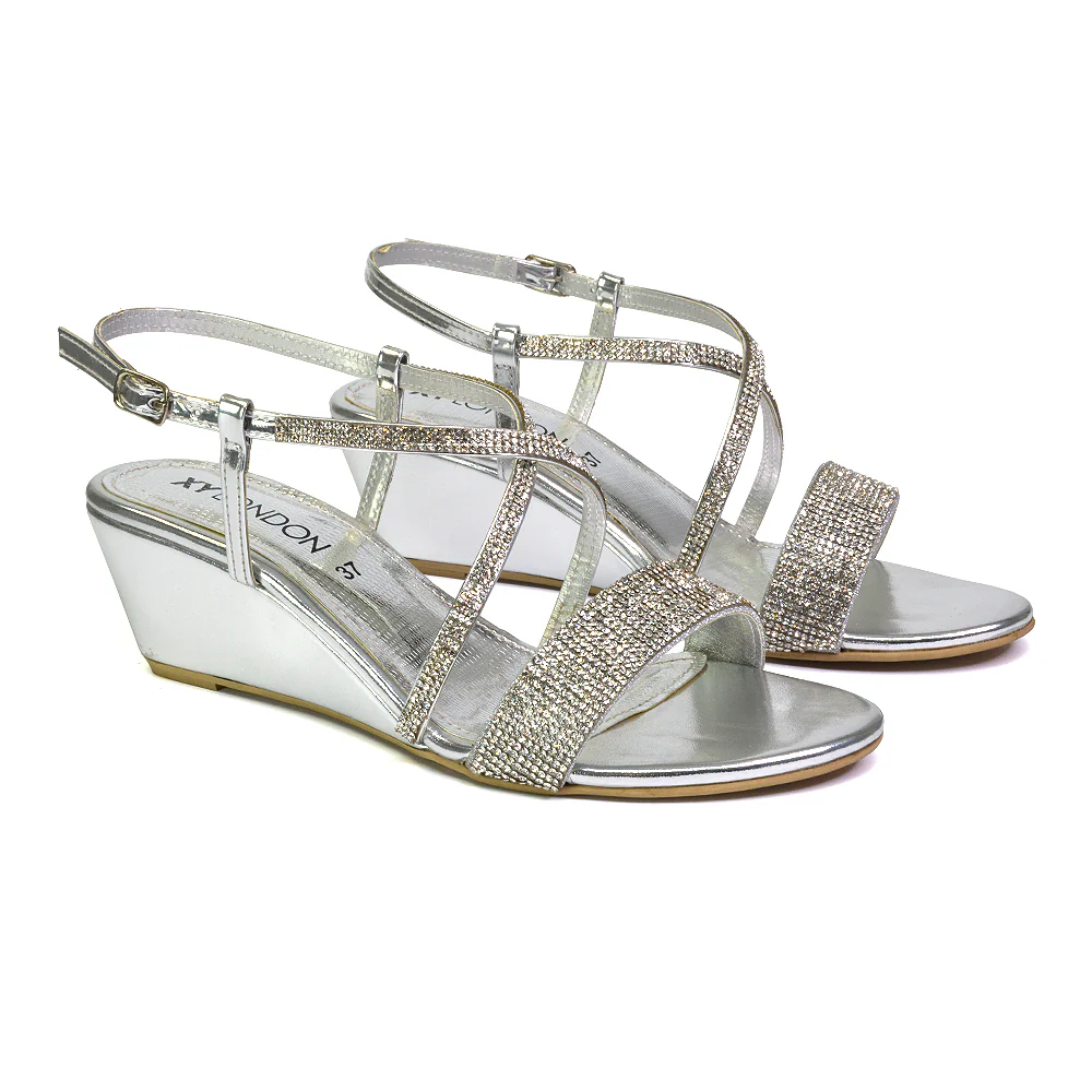 Ocean Sparkly Gem Crystal Diamante Ankle Strap Wedge Heel Sandals in Gold - Image 17