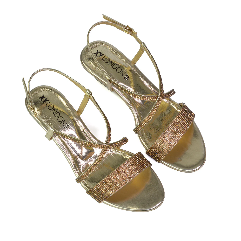 Ocean Sparkly Gem Crystal Diamante Ankle Strap Wedge Heel Sandals in Gold - Image 59