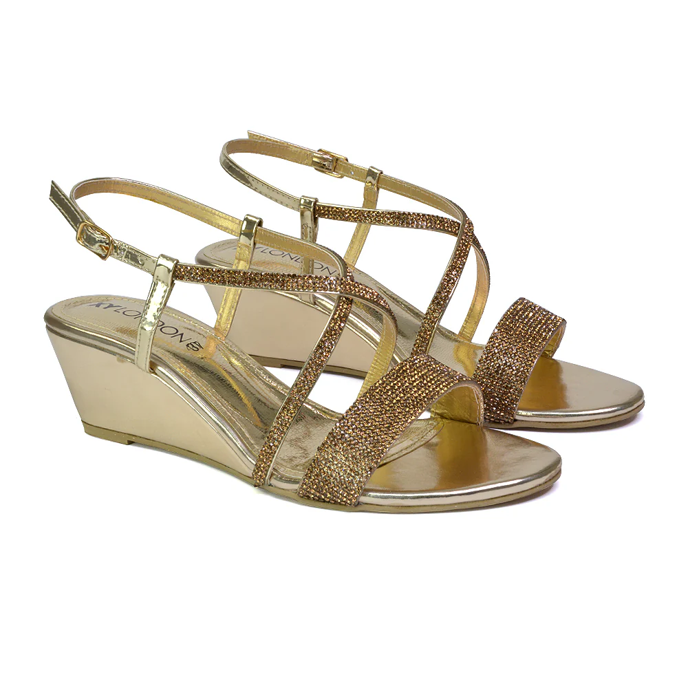 Ocean Sparkly Gem Crystal Diamante Ankle Strap Wedge Heel Sandals in Gold - Image 66