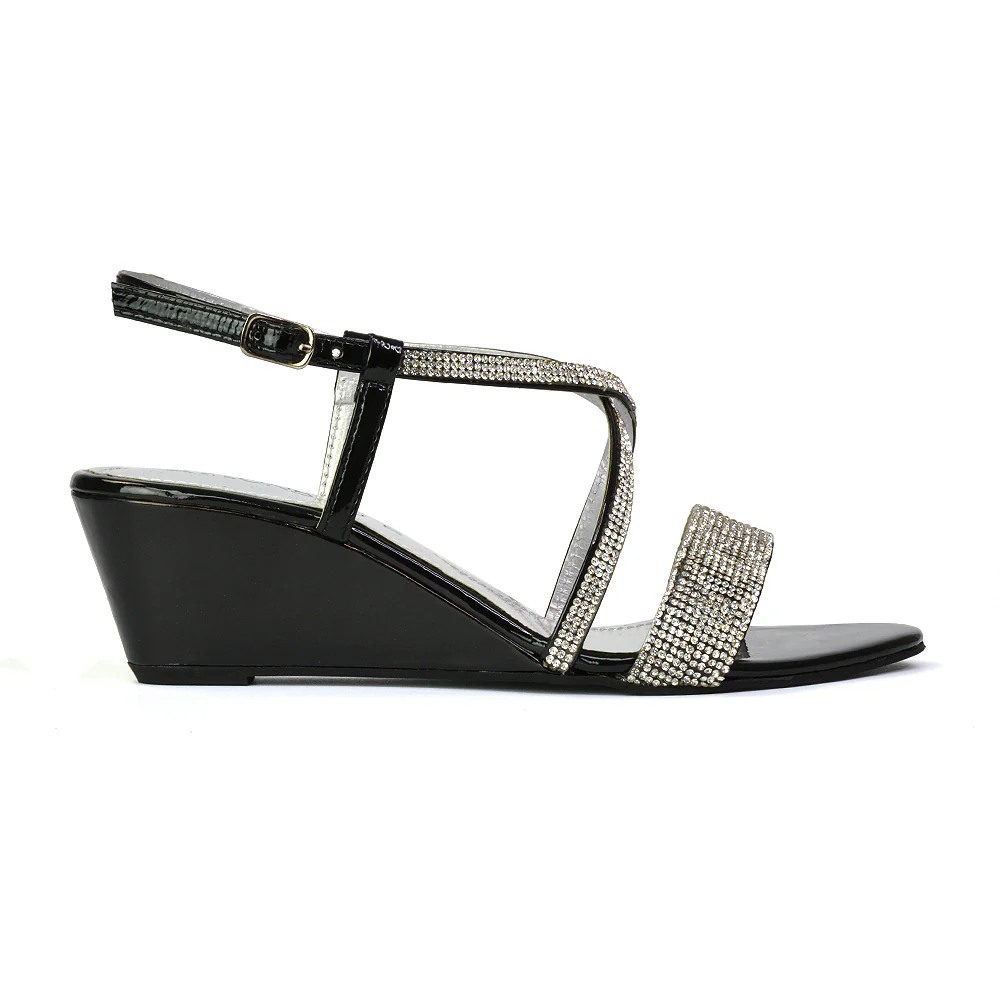 Ocean Sparkly Gem Crystal Diamante Ankle Strap Wedge Heel Sandals in Gold - Image 70