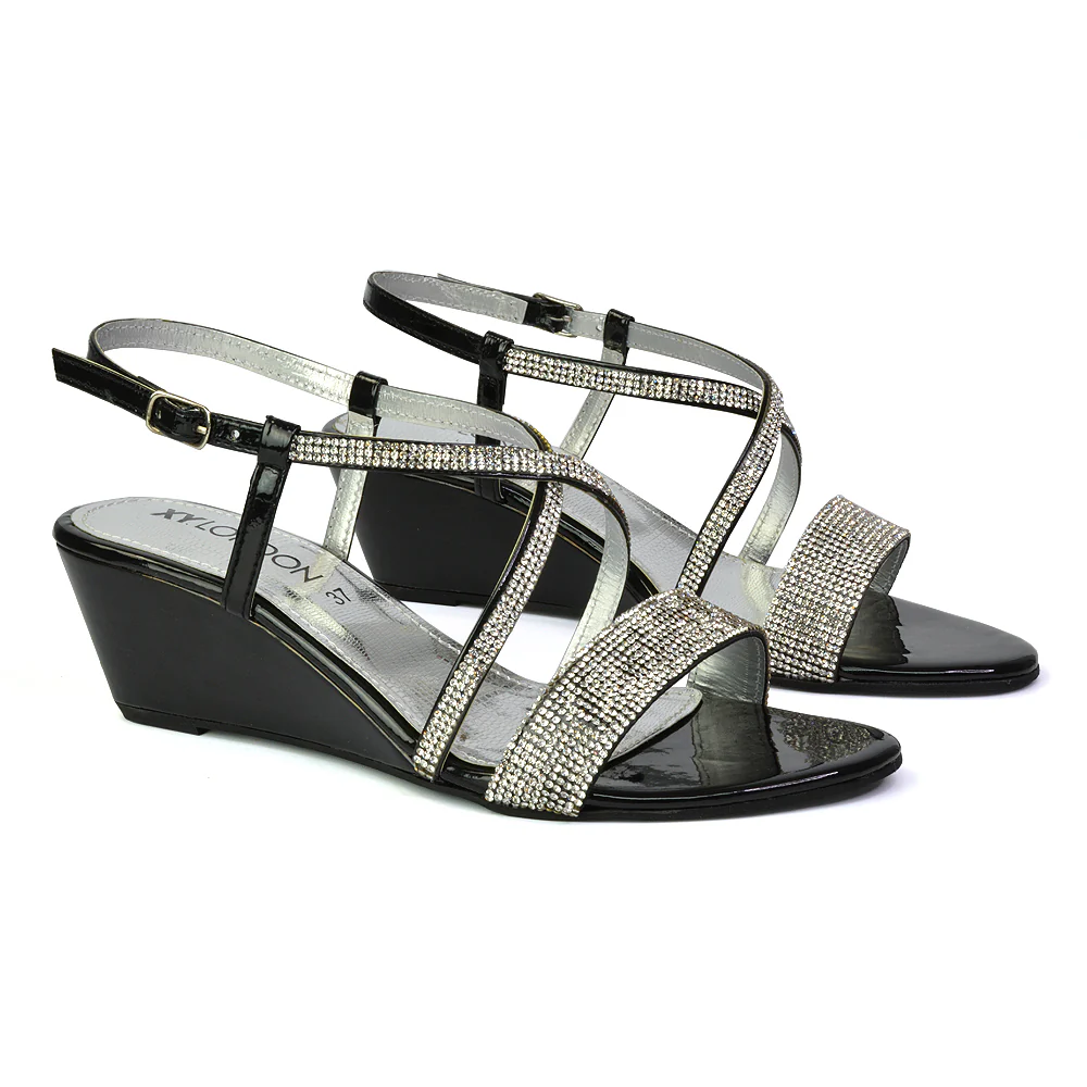 Ocean Sparkly Gem Crystal Diamante Ankle Strap Wedge Heel Sandals in Gold - Image 81