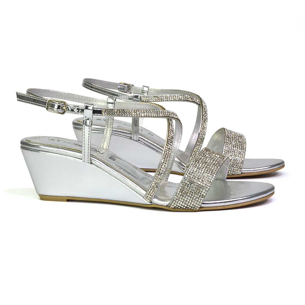 Ocean Sparkly Gem Crystal Diamante Ankle Strap Wedge Heel Sandals in Gold - Image 9