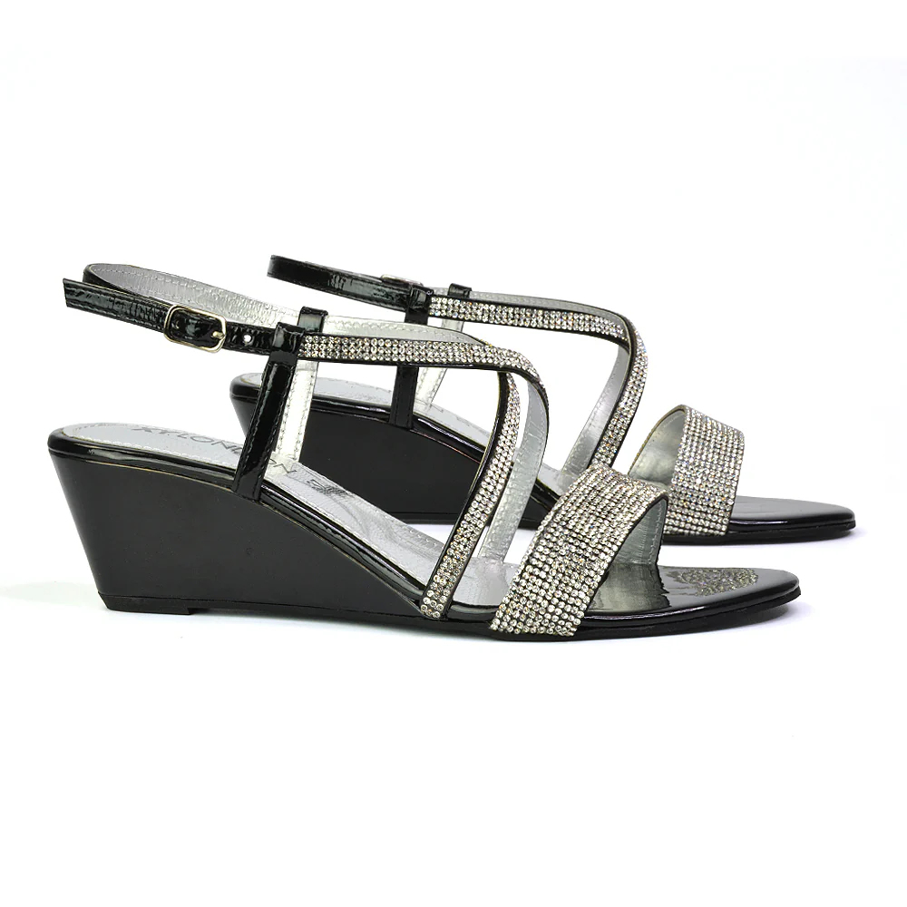 Ocean Sparkly Gem Crystal Diamante Ankle Strap Wedge Heel Sandals in Gold - Image 93