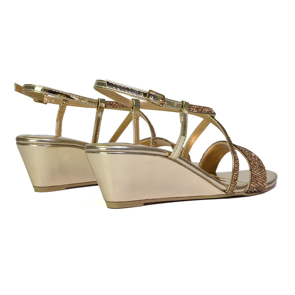 Ocean Sparkly Gem Crystal Diamante Ankle Strap Wedge Heel Sandals in Silver - Image 53