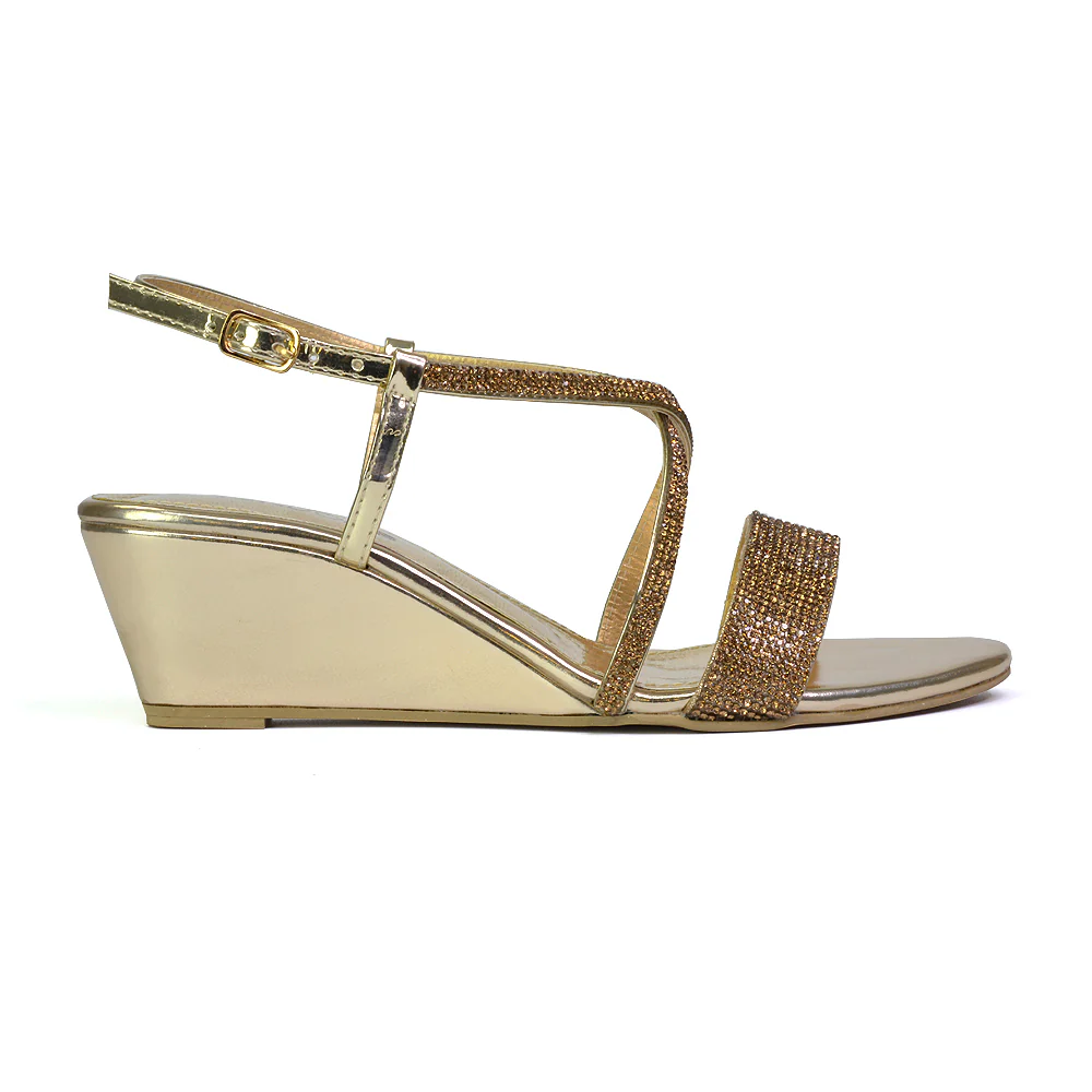 Ocean Sparkly Gem Crystal Diamante Ankle Strap Wedge Heel Sandals in Silver - Image 66
