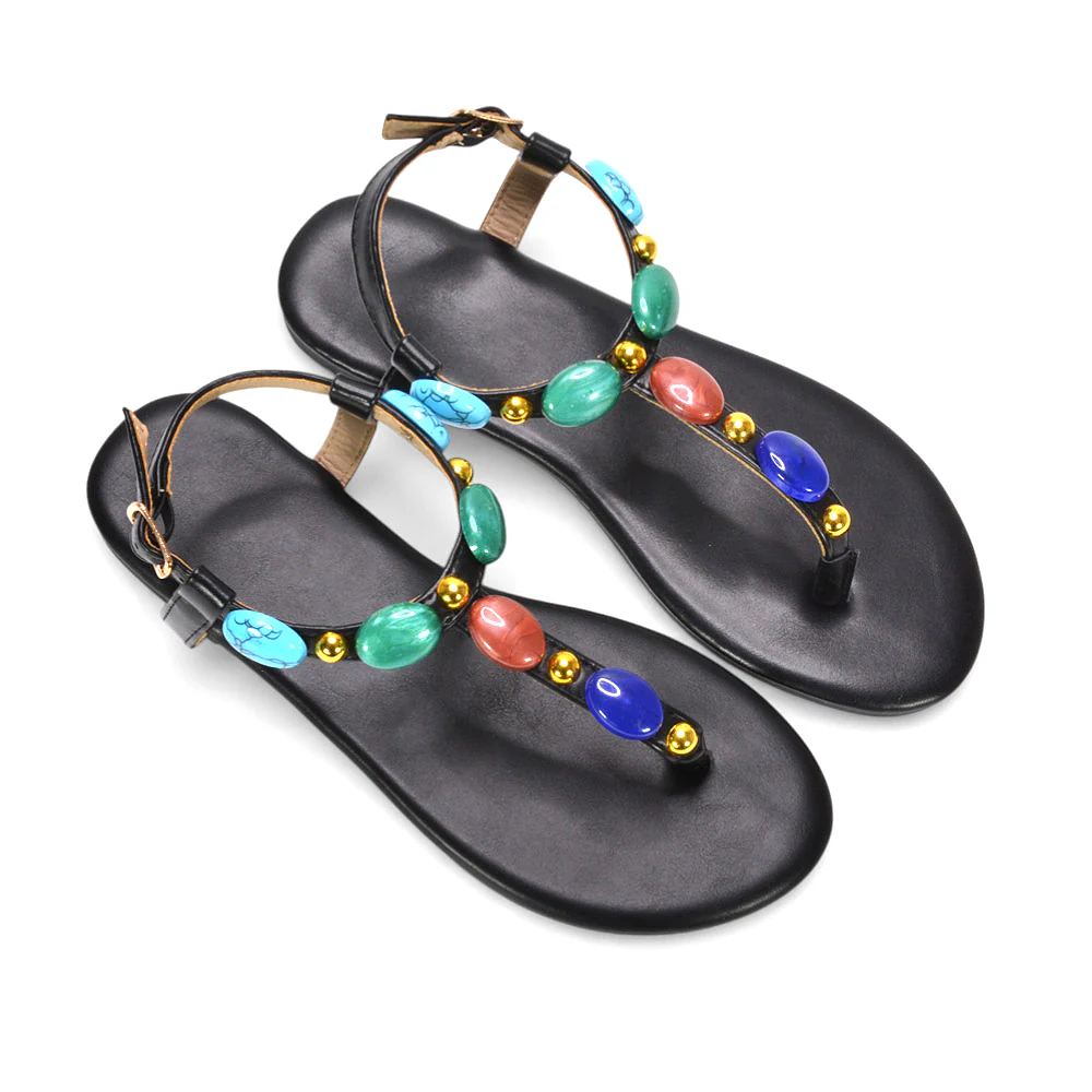 Oceana Embellished T-Bar Toe Post Flat Sandals with Jewel Stone Detail in Gold - Image 12
