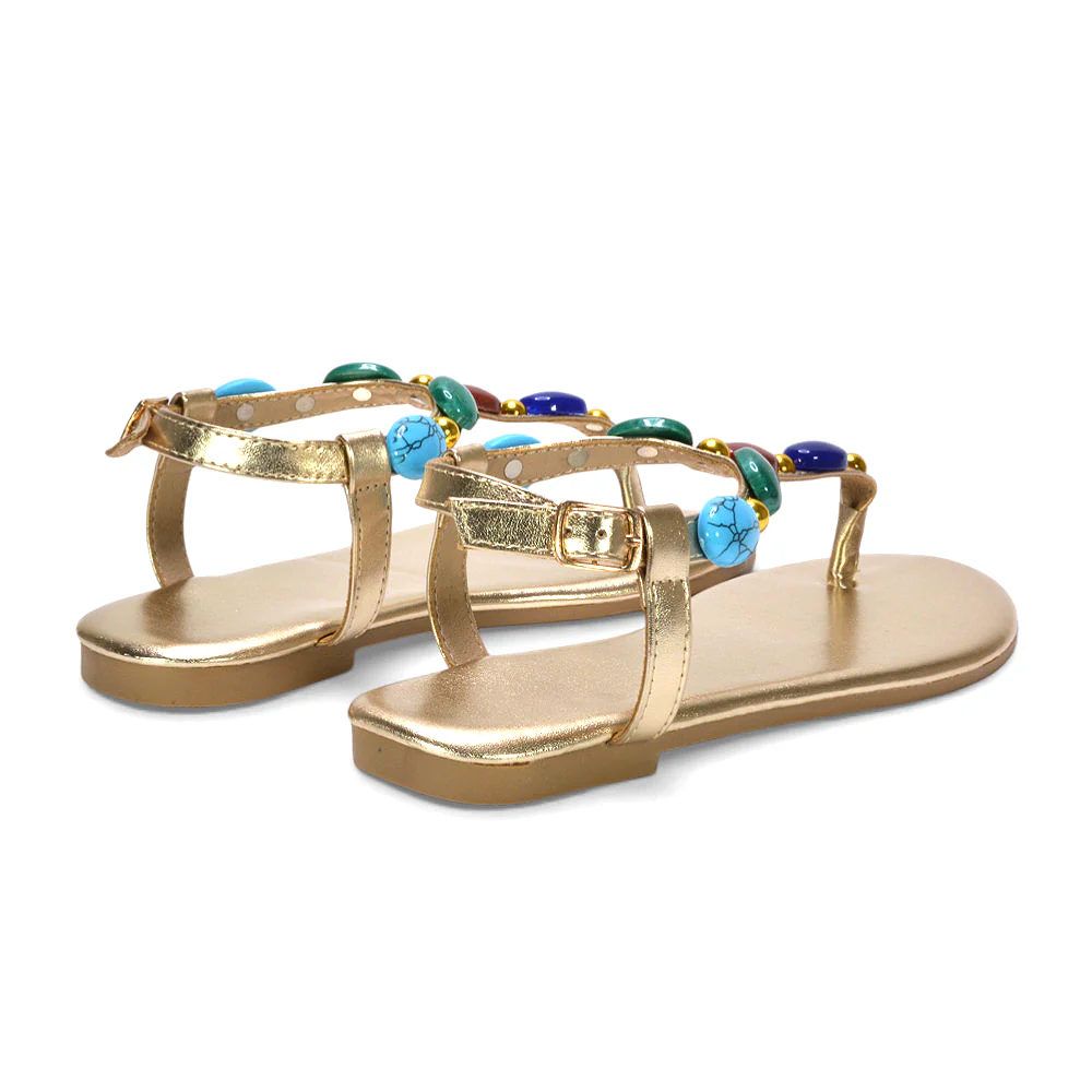 Oceana Embellished T-Bar Toe Post Flat Sandals with Jewel Stone Detail in Gold - Image 3