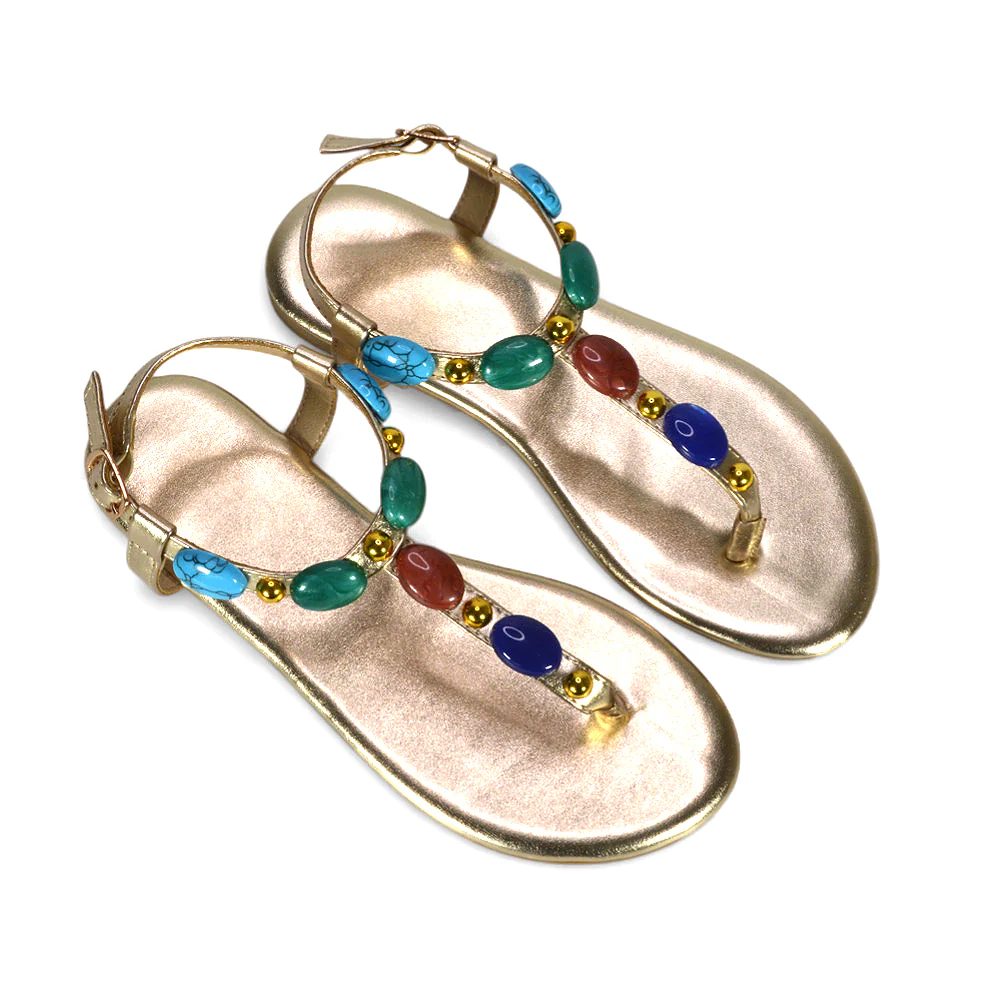 Oceana Embellished T-Bar Toe Post Flat Sandals with Jewel Stone Detail in Gold - Image 5