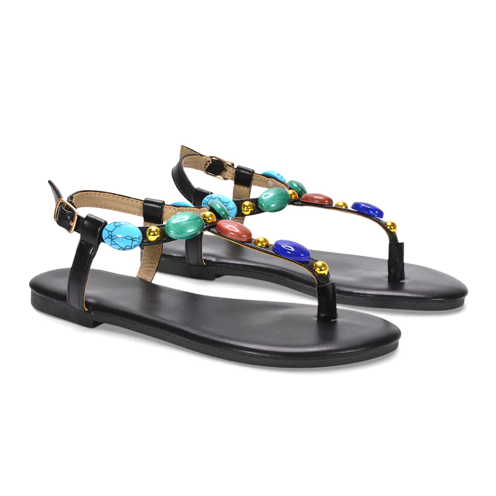 Oceana Embellished T-Bar Toe Post Flat Sandals with Jewel Stone Detail in Gold - Image 7