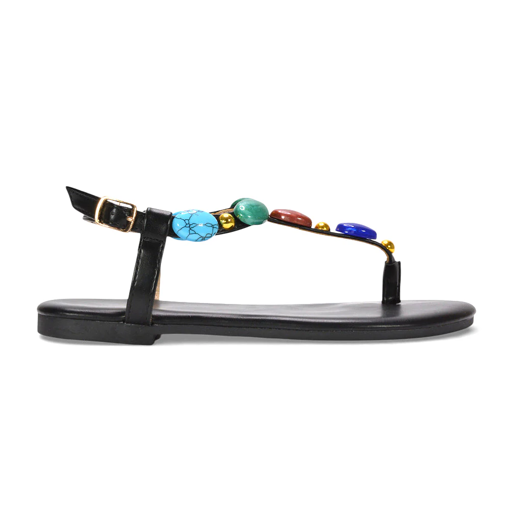 Oceana Embellished T-Bar Toe Post Flat Sandals with Jewel Stone Detail in Gold - Image 8