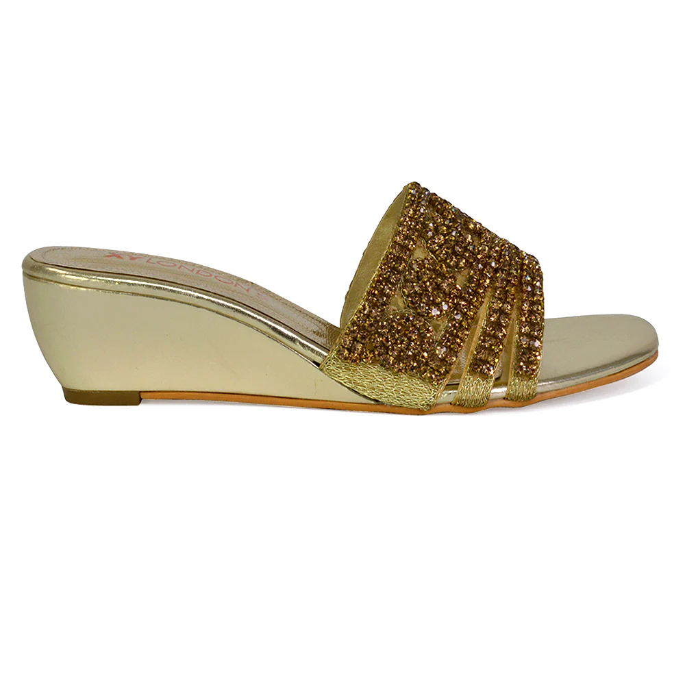 Olive Square Toe Embellished Diamante Wedge Heel Sandals in Black - Image 118