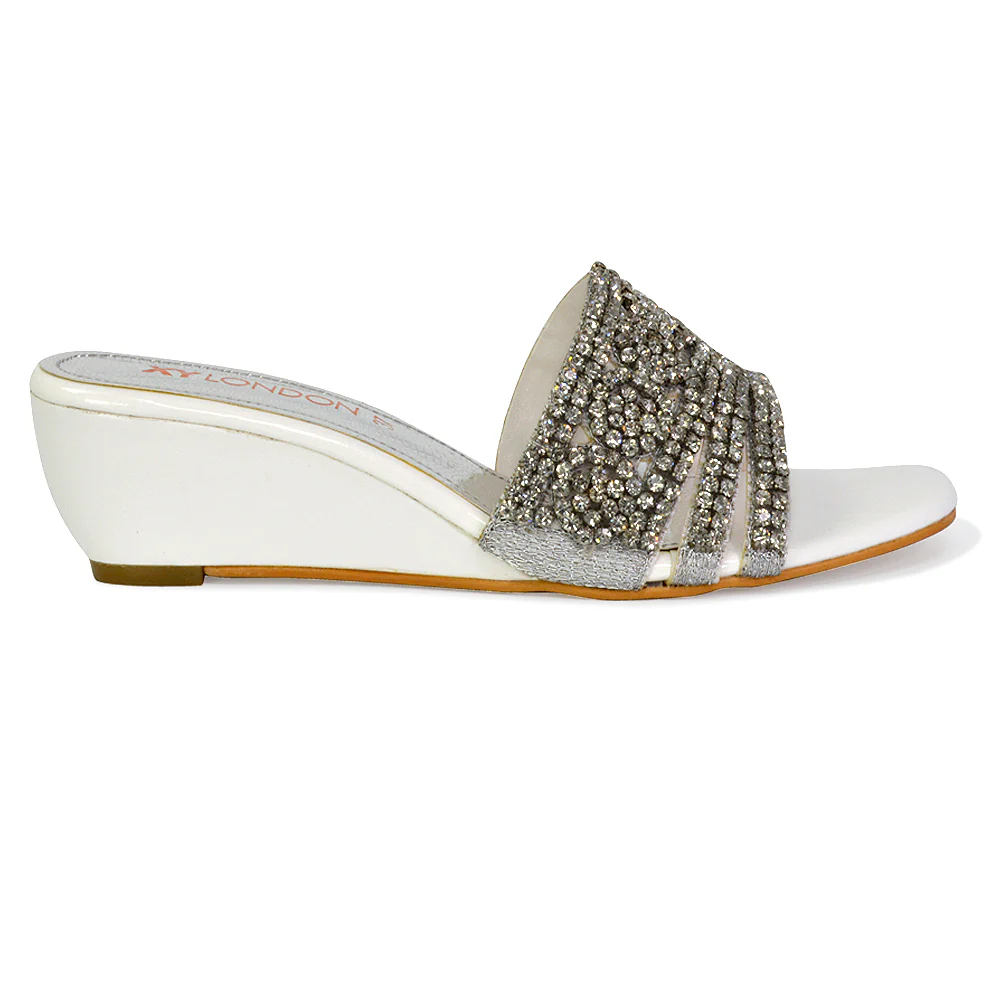Olive Square Toe Embellished Diamante Wedge Heel Sandals in Black - Image 53