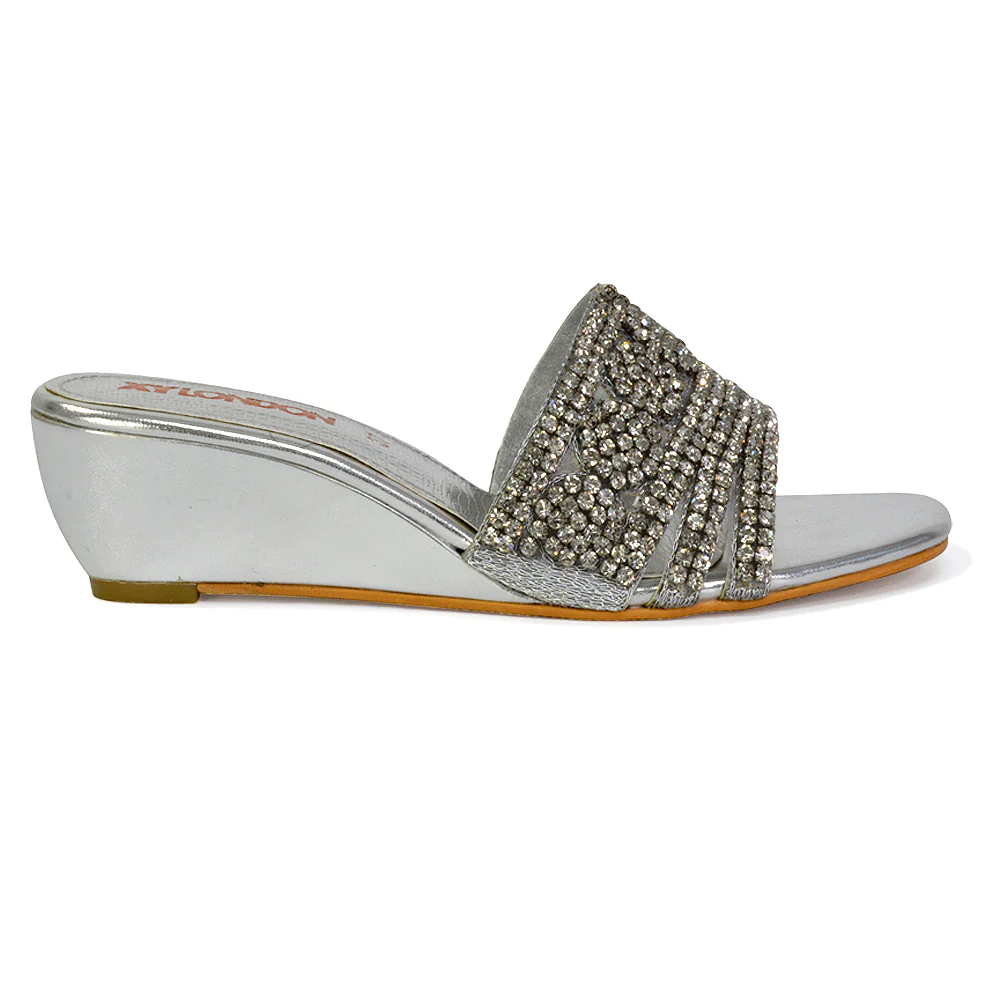 Olive Square Toe Embellished Diamante Wedge Heel Sandals in Black - Image 73