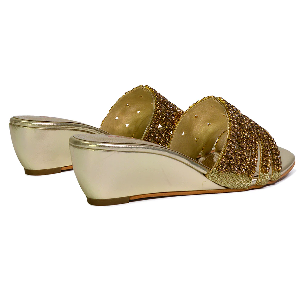 Olive Square Toe Embellished Diamante Wedge Heel Sandals in Gold - Image 100