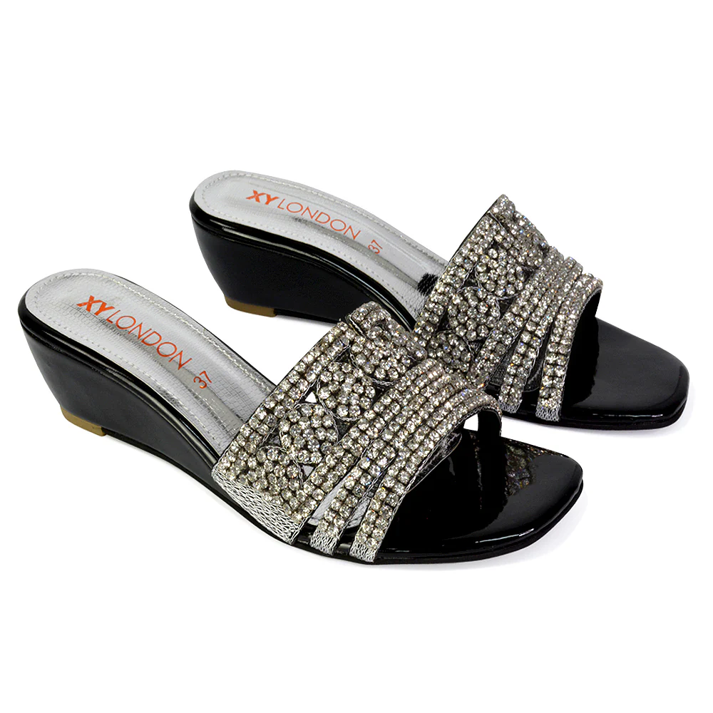 Olive Square Toe Embellished Diamante Wedge Heel Sandals in Gold - Image 139