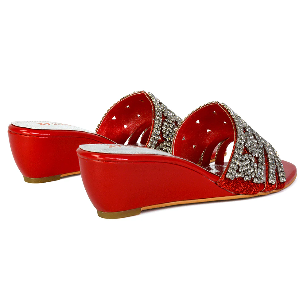 Olive Square Toe Embellished Diamante Wedge Heel Sandals in Gold - Image 15