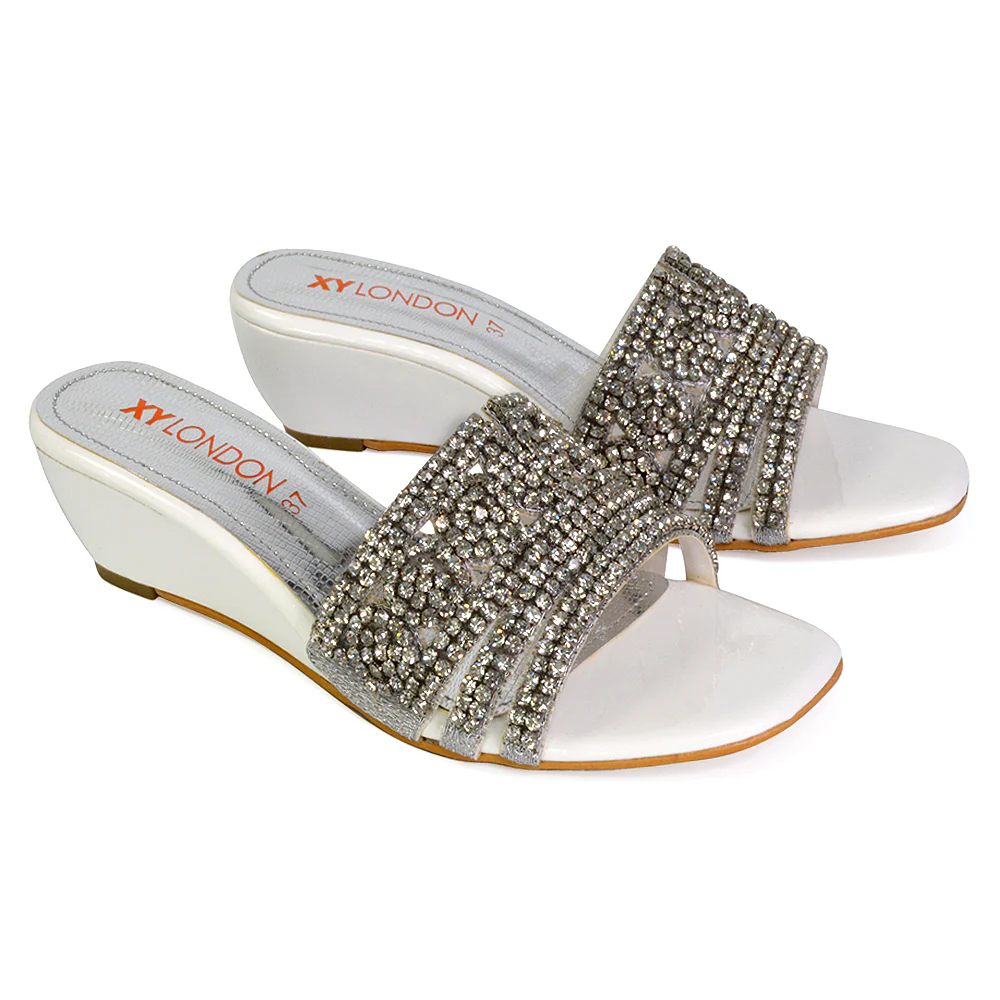 Olive Square Toe Embellished Diamante Wedge Heel Sandals in Gold - Image 54