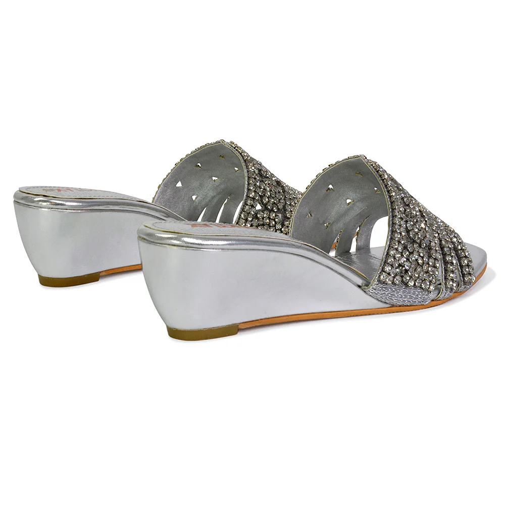Olive Square Toe Embellished Diamante Wedge Heel Sandals in Gold - Image 80