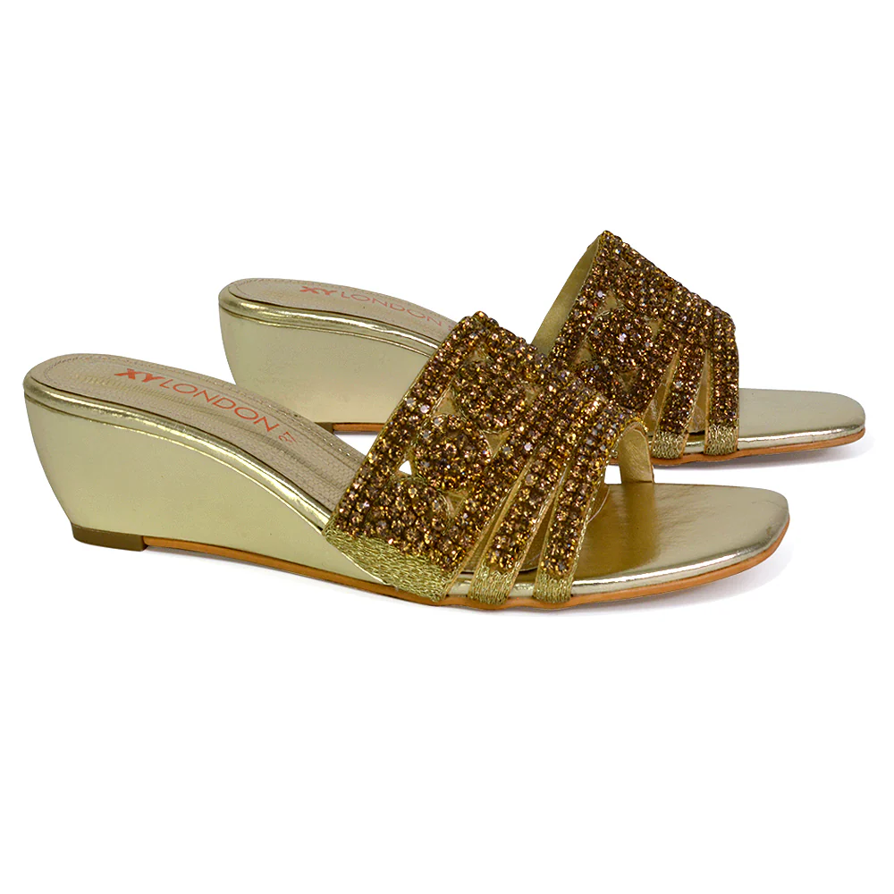 Olive Square Toe Embellished Diamante Wedge Heel Sandals in Red - Image 124