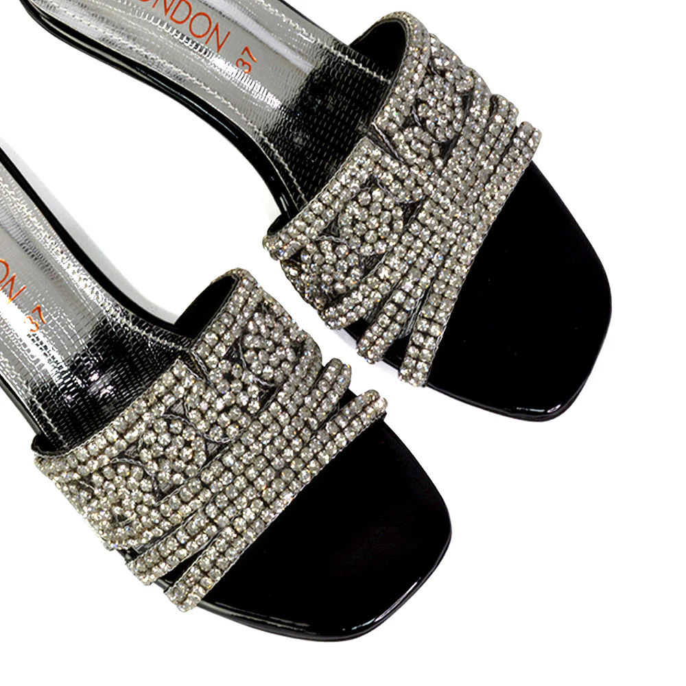 Olive Square Toe Embellished Diamante Wedge Heel Sandals in Red - Image 127