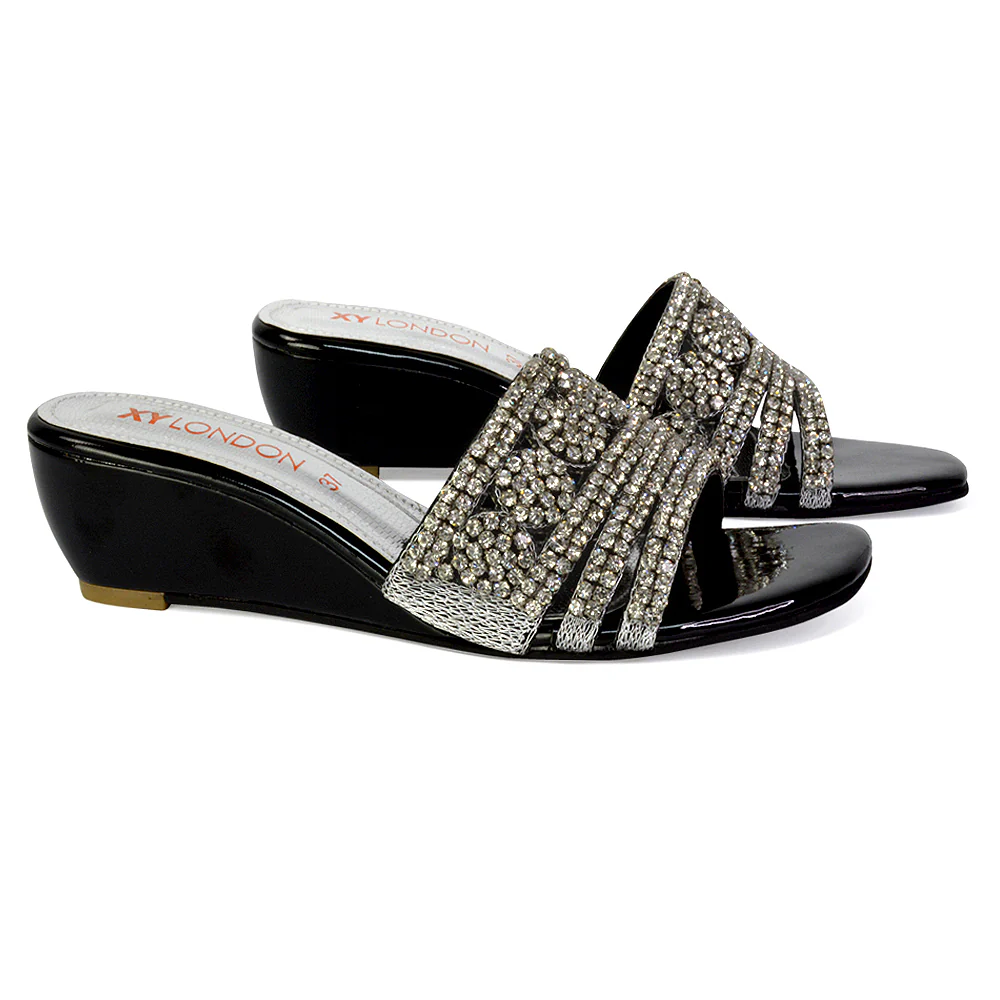 Olive Square Toe Embellished Diamante Wedge Heel Sandals in Red - Image 131