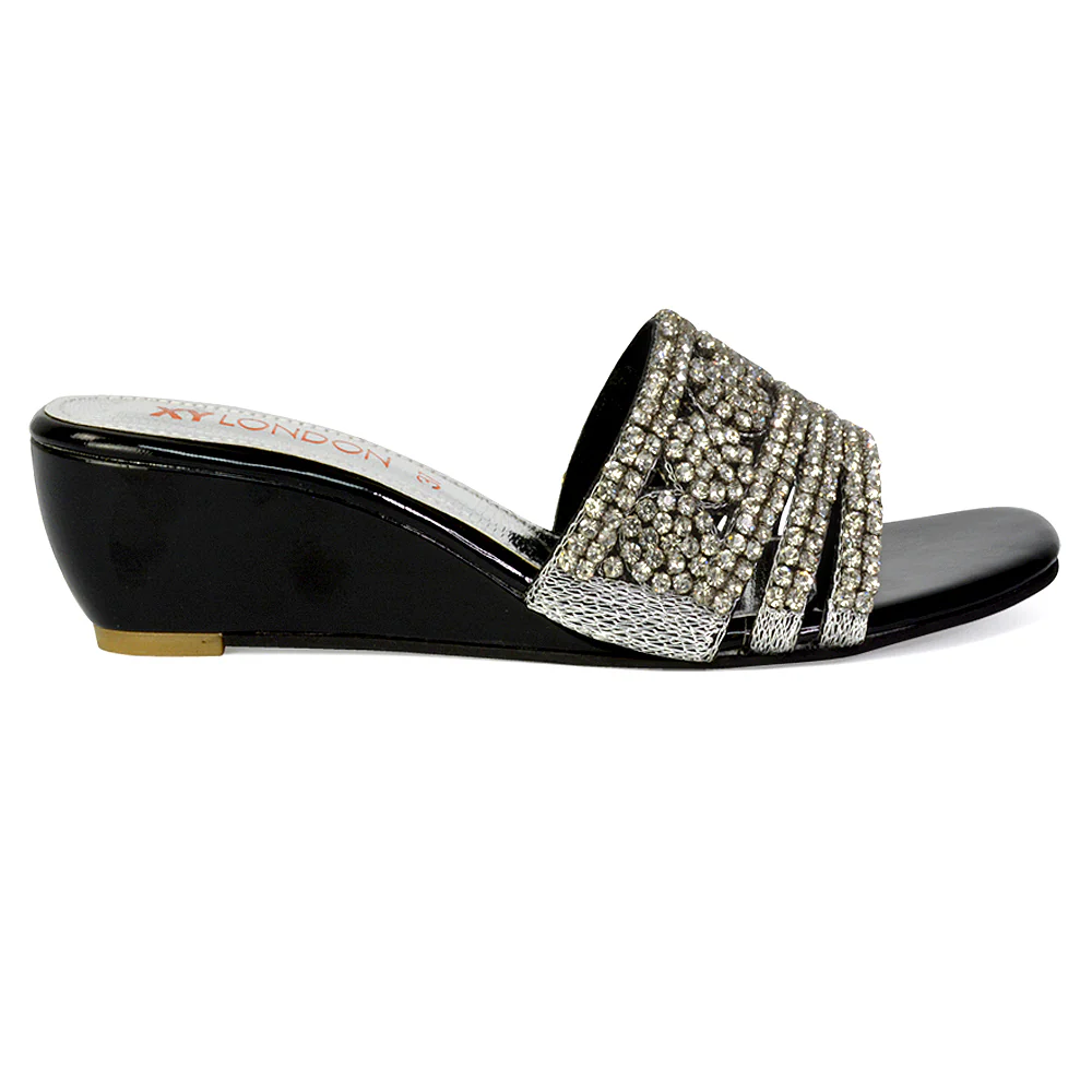 Olive Square Toe Embellished Diamante Wedge Heel Sandals in Red - Image 143