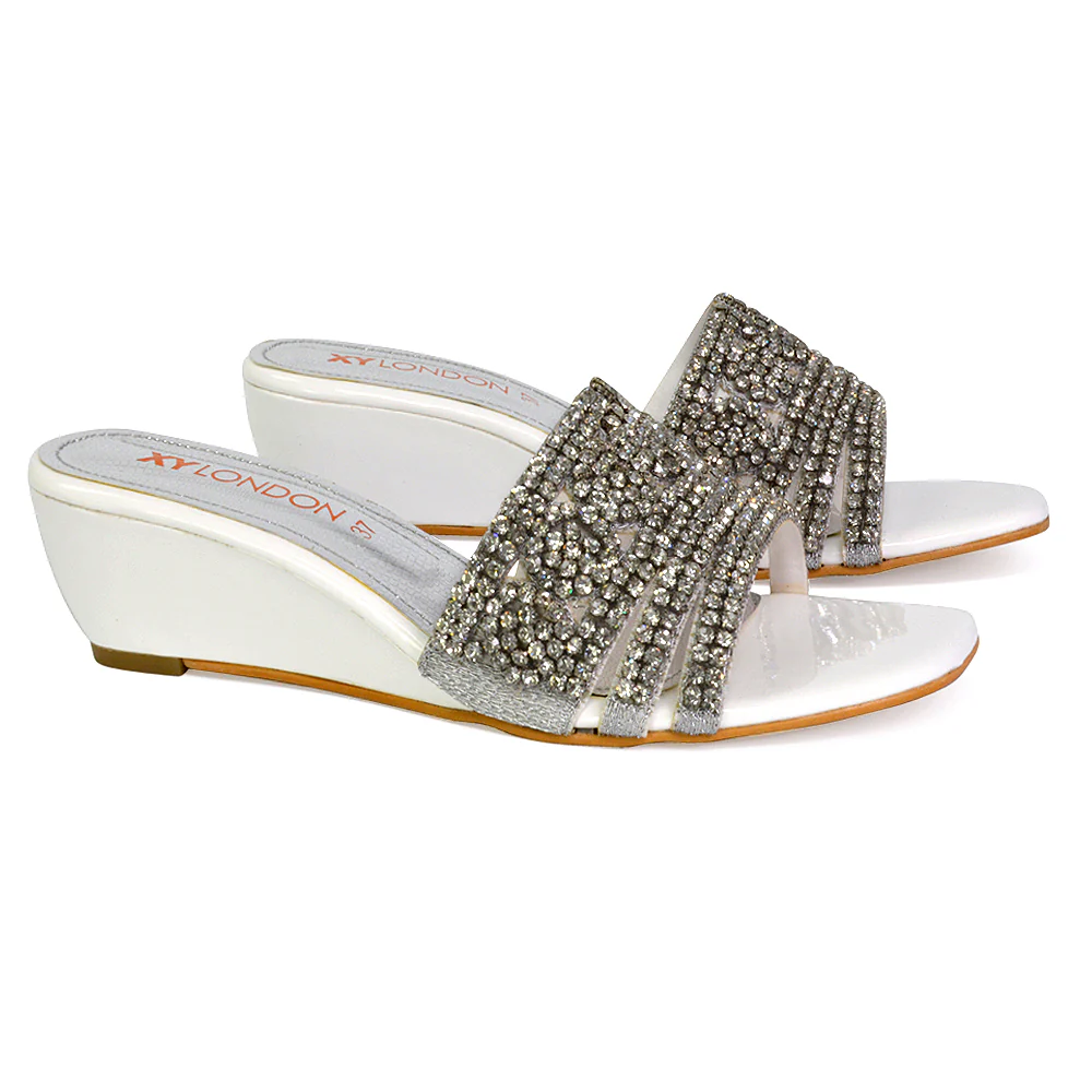 Olive Square Toe Embellished Diamante Wedge Heel Sandals in Red - Image 41
