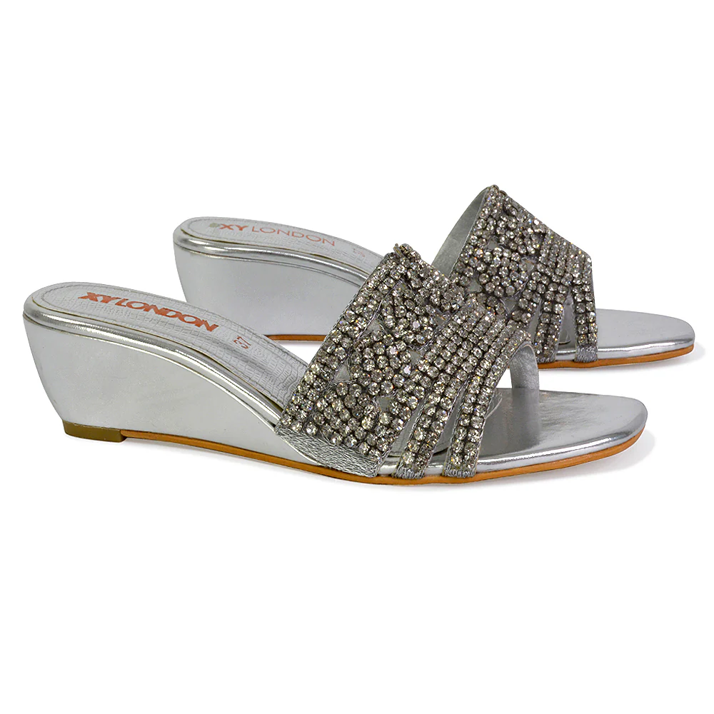 Olive Square Toe Embellished Diamante Wedge Heel Sandals in Red - Image 91