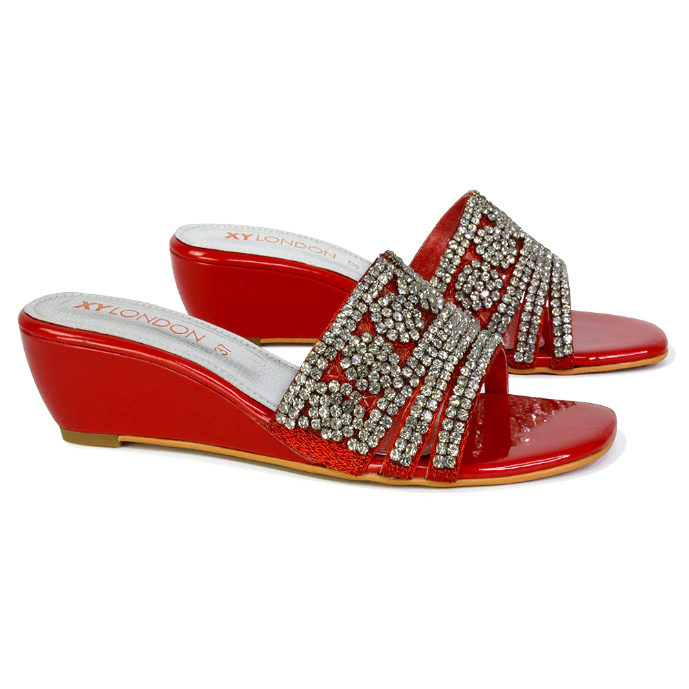 Olive Square Toe Embellished Diamante Wedge Heel Sandals in Silver - Image 11