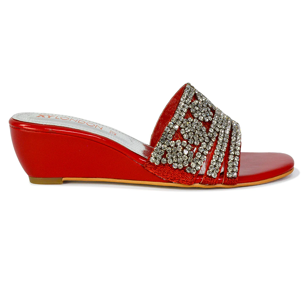 Olive Square Toe Embellished Diamante Wedge Heel Sandals in Silver - Image 18
