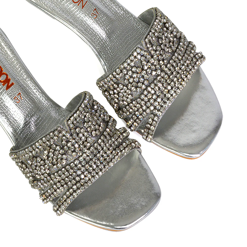 Olive Square Toe Embellished Diamante Wedge Heel Sandals in Silver - Image 82