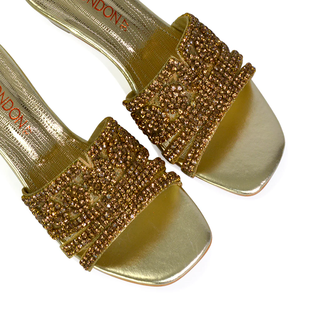 Olive Square Toe Embellished Diamante Wedge Heel Sandals in White - Image 117