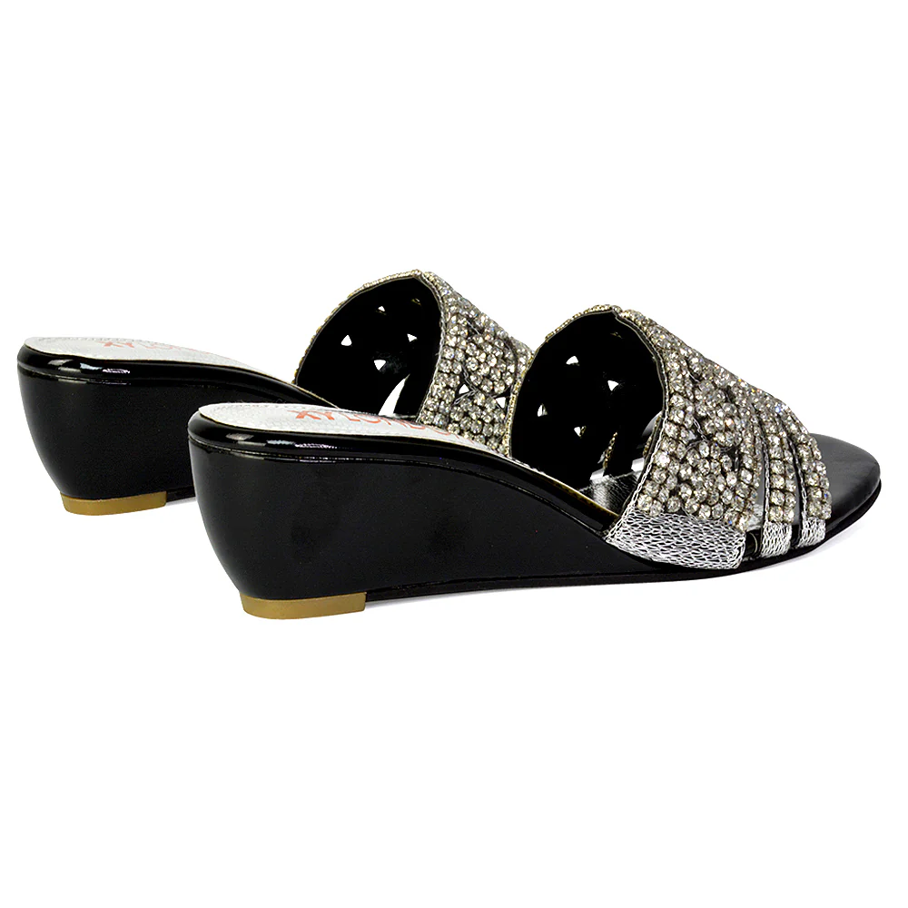Olive Square Toe Embellished Diamante Wedge Heel Sandals in White - Image 135