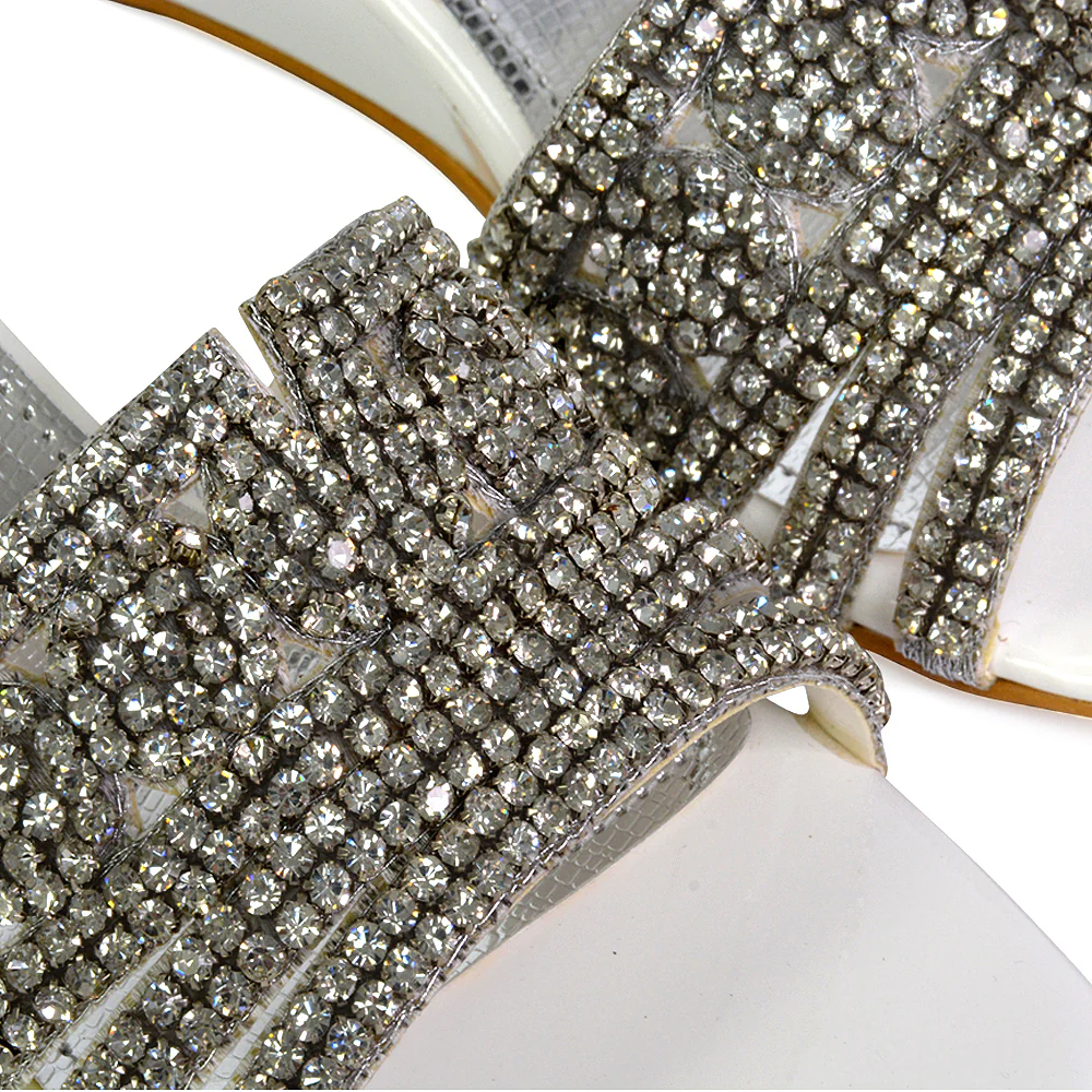 Olive Square Toe Embellished Diamante Wedge Heel Sandals in White - Image 57