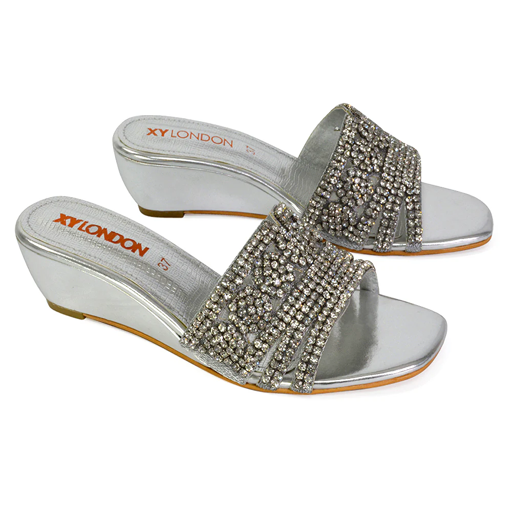 Olive Square Toe Embellished Diamante Wedge Heel Sandals in White - Image 74