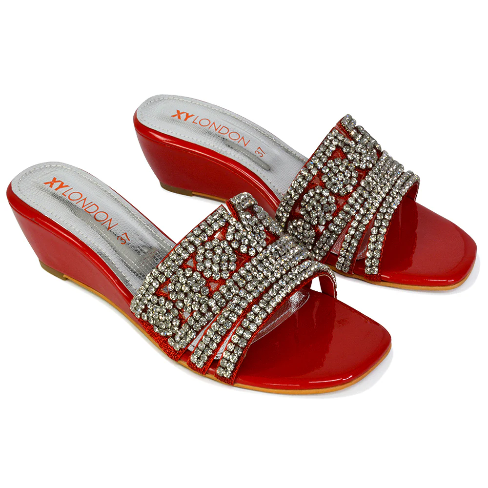 Olive Square Toe Embellished Diamante Wedge Heel Sandals in White - Image 9
