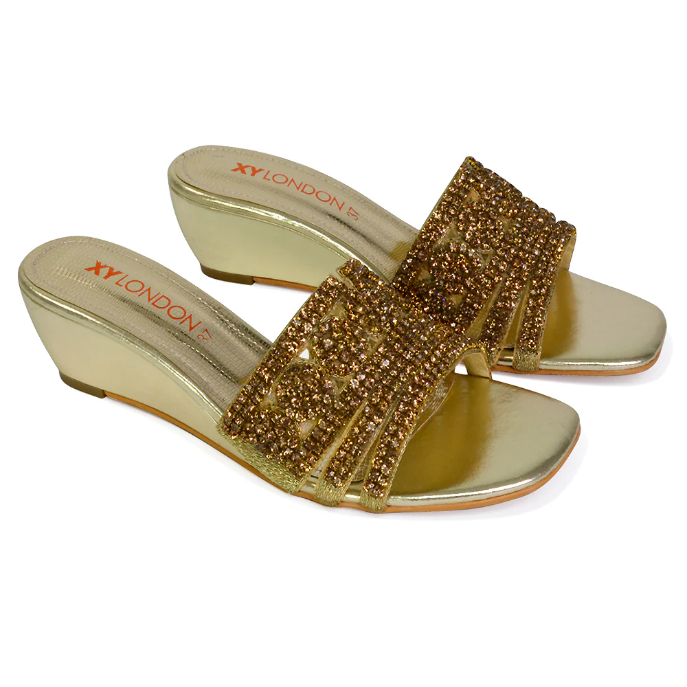 Olive Square Toe Embellished Diamante Wedge Heel Sandals in White - Image 96