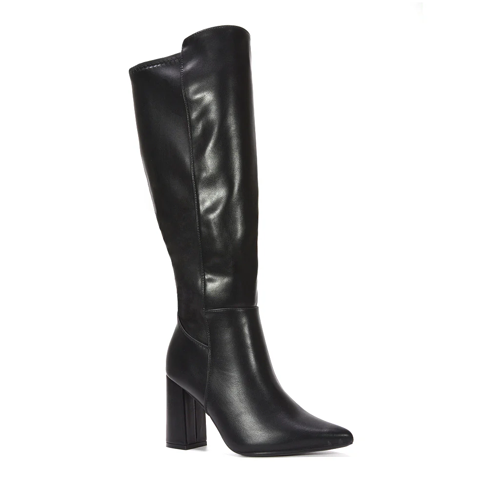 Olivia Block High Heel Wide Calf Stretchy Knee High Boots in Black Synthetic Leather - Image 2