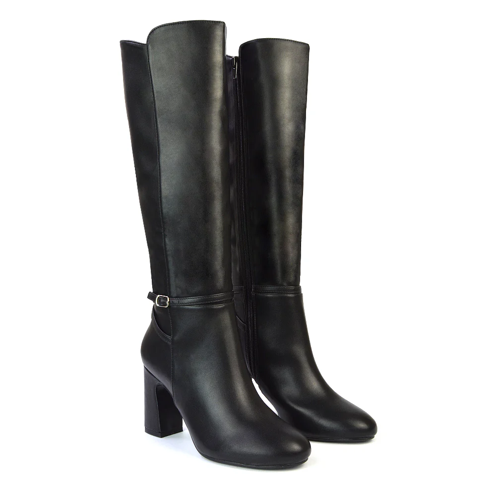 Olly Buckle Zip Up Block Mid Heel Knee High Boots in Black Faux Suede - Image 23