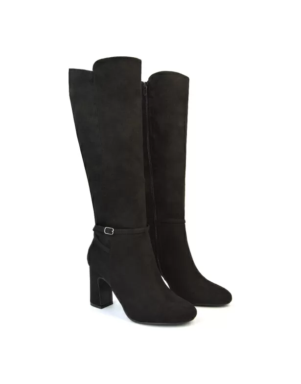 Olly Buckle Zip Up Block Mid Heel Knee High Boots in Black Faux Suede - Image 3