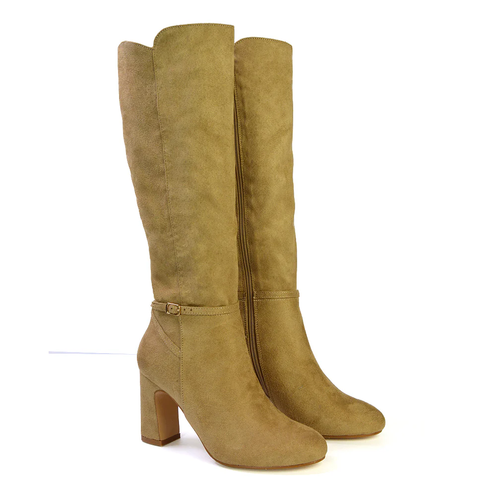 Olly Buckle Zip Up Block Mid Heel Knee High Boots in Black Faux Suede - Image 54