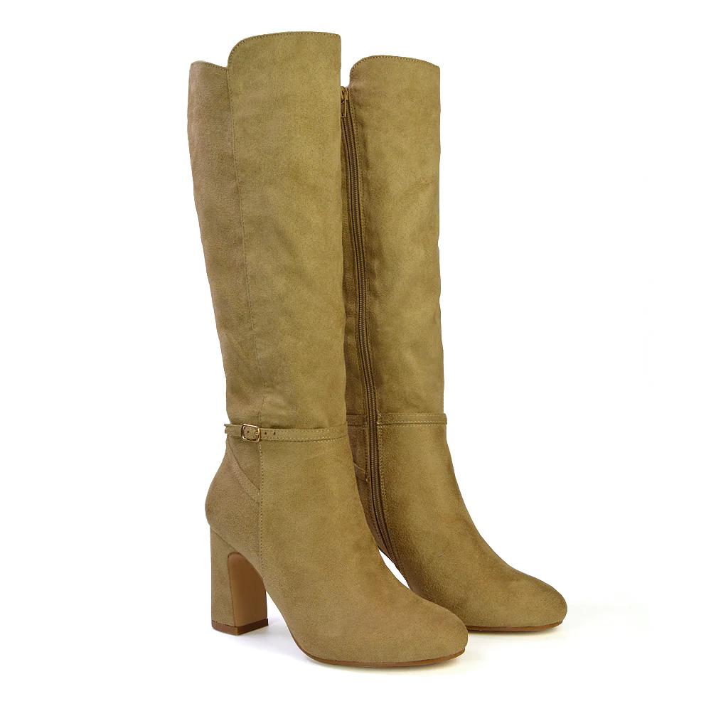 Olly Buckle Zip Up Block Mid Heel Knee High Boots in Black Faux Suede - Image 66