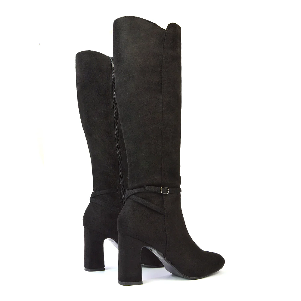 Olly Buckle Zip Up Block Mid Heel Knee High Boots in Black Faux Suede - Image 74