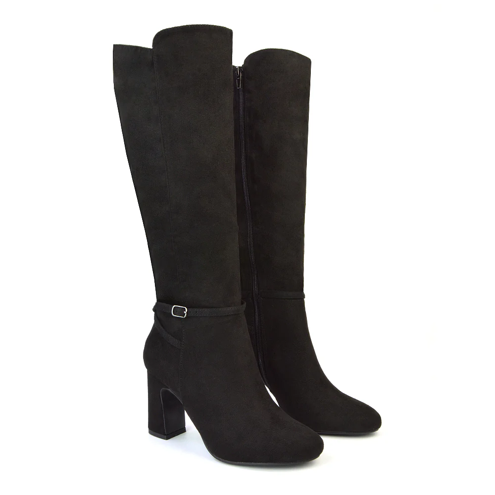 Olly Buckle Zip Up Block Mid Heel Knee High Boots in Black Faux Suede - Image 81